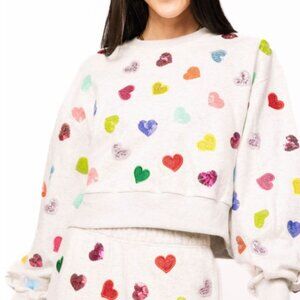NEW Queen Of Sparkles-Light Grey Multi Rhinestone Heart Sweatshirt